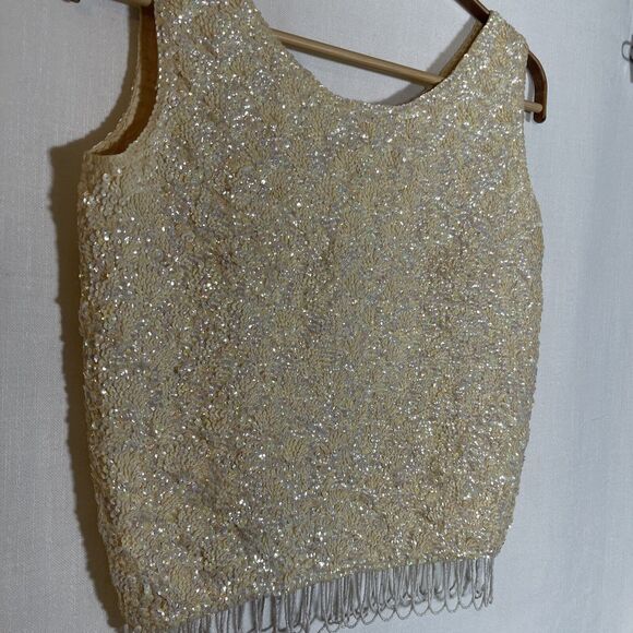 Vintage Hand-beaded tank top Iridescent handmade embellished 1960 blouse sequins - Picture 2 of 12